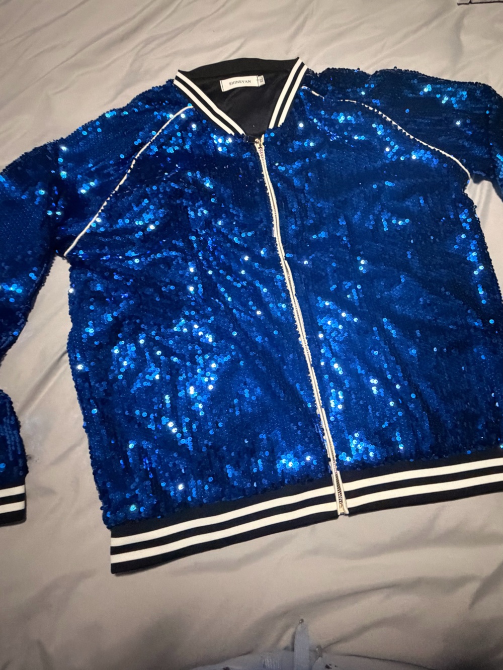 Women’s  Blue Sequin Bomber Jacket (Cheer Mom Jacket)